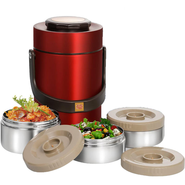 (67 oz Red) 3 Tier Adults Stainless Steel Vacuum  Insulated Soup Food Thermos