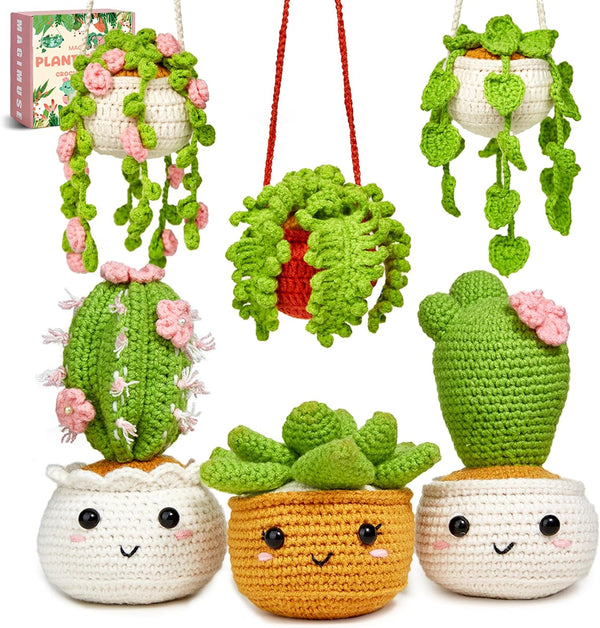 Crochet Kit for Beginners - 6 Pack Hanging Potted Plants Family(40%+ Yarn